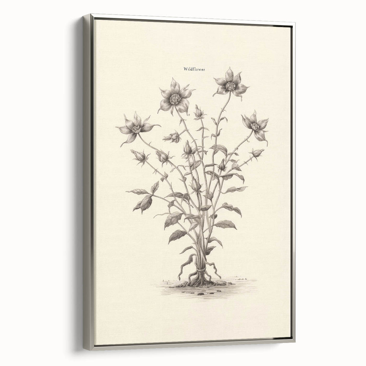 Framed abstract minimalist wall art design showcasing a silver border with a modern aesthetic, ideal for contemporary home decor. The canvas features elegant geometric patterns and a sleek side view, enhancing any living space or office environment.
