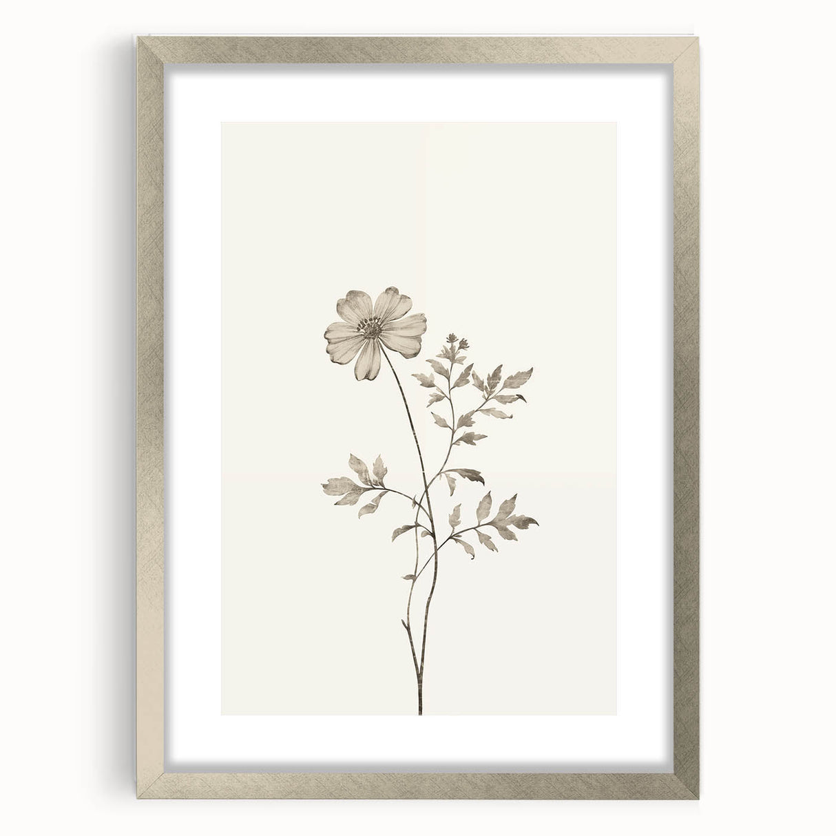 Abstract minimalist wall art design featuring a silver-framed picture with a mat, showcasing contemporary aesthetics. Ideal for modern home decor, this framed piece adds elegance to any room.