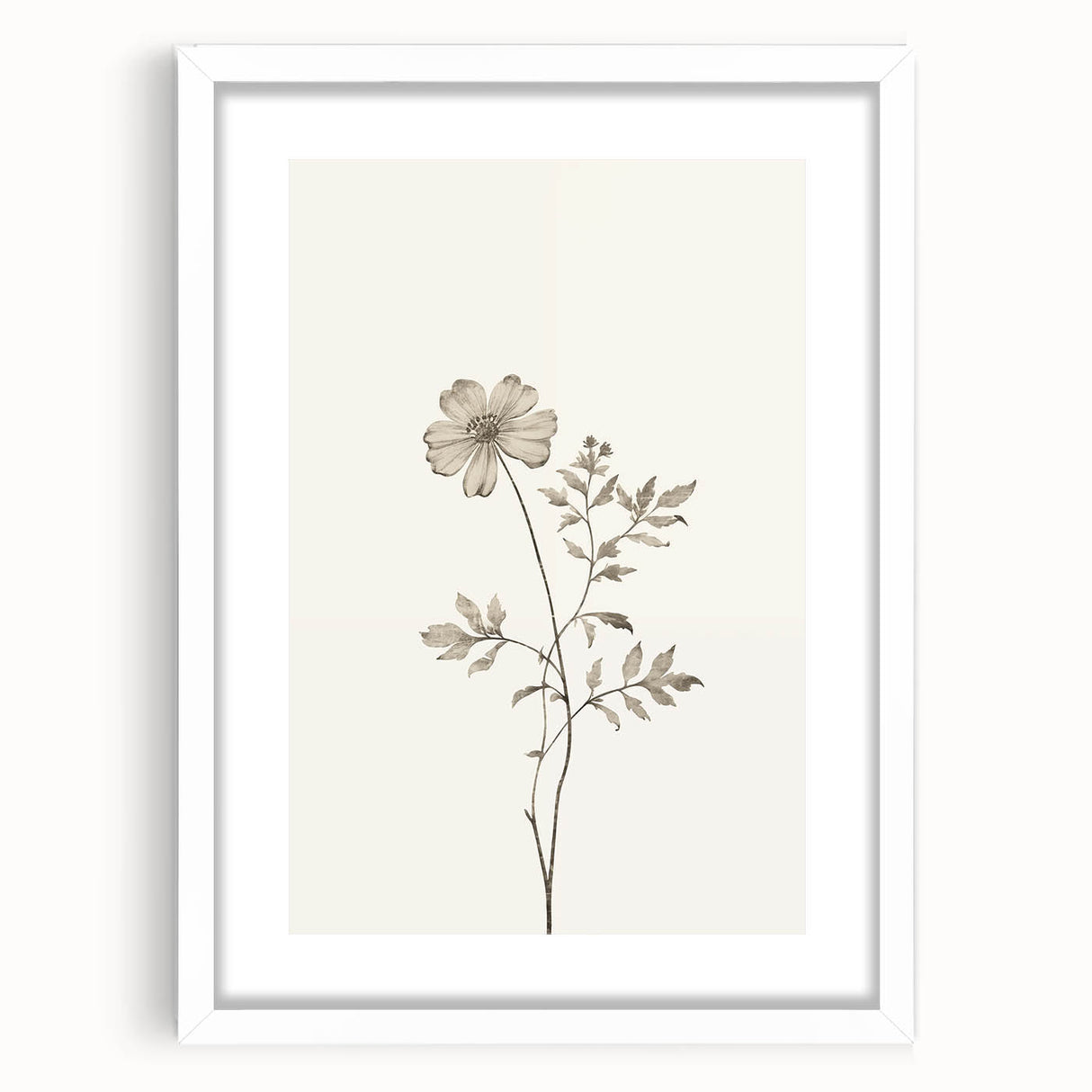 Abstract minimalist wall art featuring a collection of geometric shapes in soft pastel colors, framed in white with a mat, ideal for modern home decor.