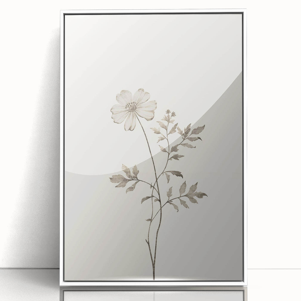 Abstract minimalist wall art featuring a framed acrylic design in white, showcasing geometric shapes and soft colors, perfect for modern home decor.