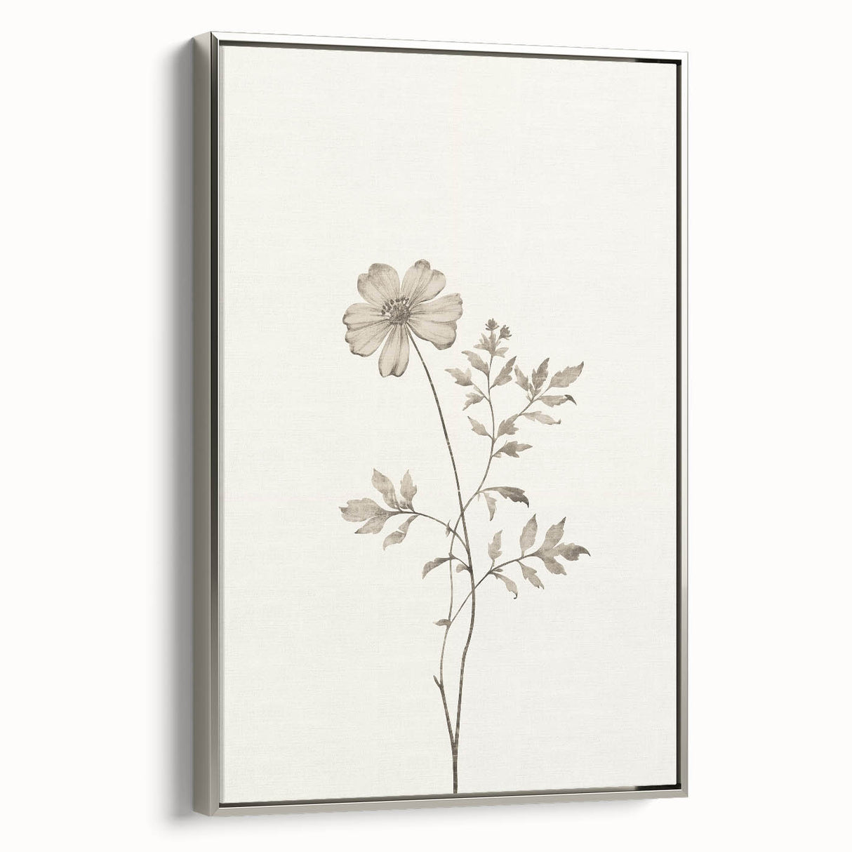 Framed minimalist wall art showcasing an abstract design in silver tones, elegantly displayed from the side, perfect for modern home decor.