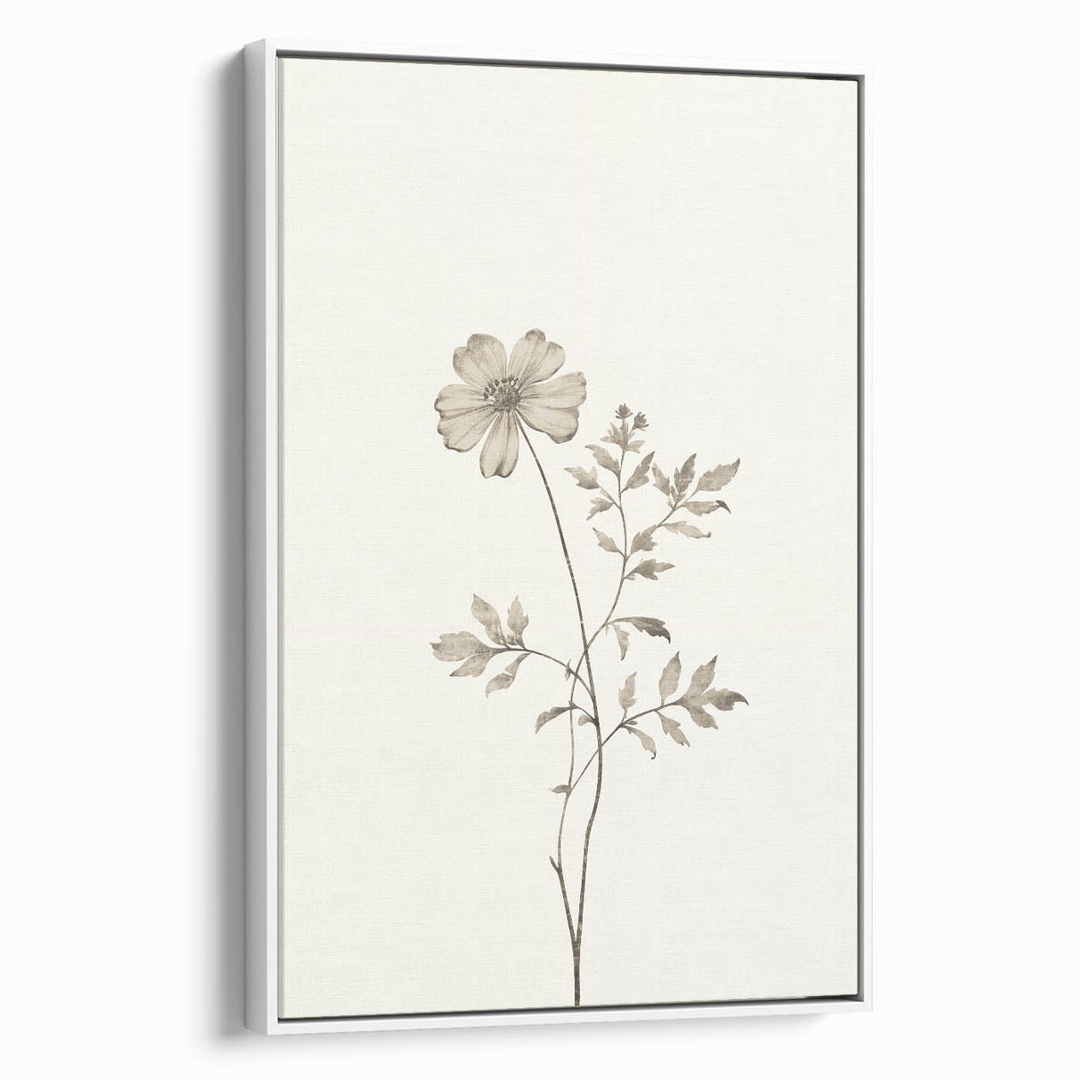 Framed canvas wall art showcasing an abstract minimalist design in a sleek white frame, highlighting geometric shapes and soft color tones for modern decor.