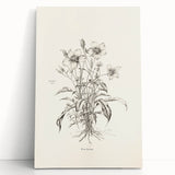 Abstract minimalist design canvas wall art featuring soft earth tones and geometric shapes, elegantly leaning against a neutral-toned wall, perfect for modern decor.