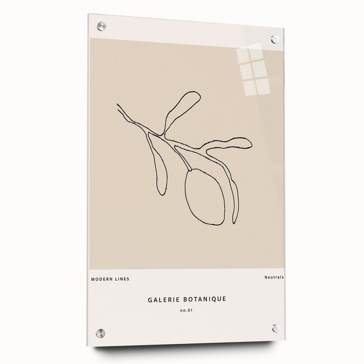 Abstract minimalist wall art collection displayed in an acrylic glass frame, showcasing a side view with visible mounting pins, suitable for modern home decor.