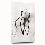 Acrylic glass wall art piece showcasing an abstract minimalist design, featuring soft neutral tones and geometric shapes, displayed at an angle to highlight its modern aesthetic.