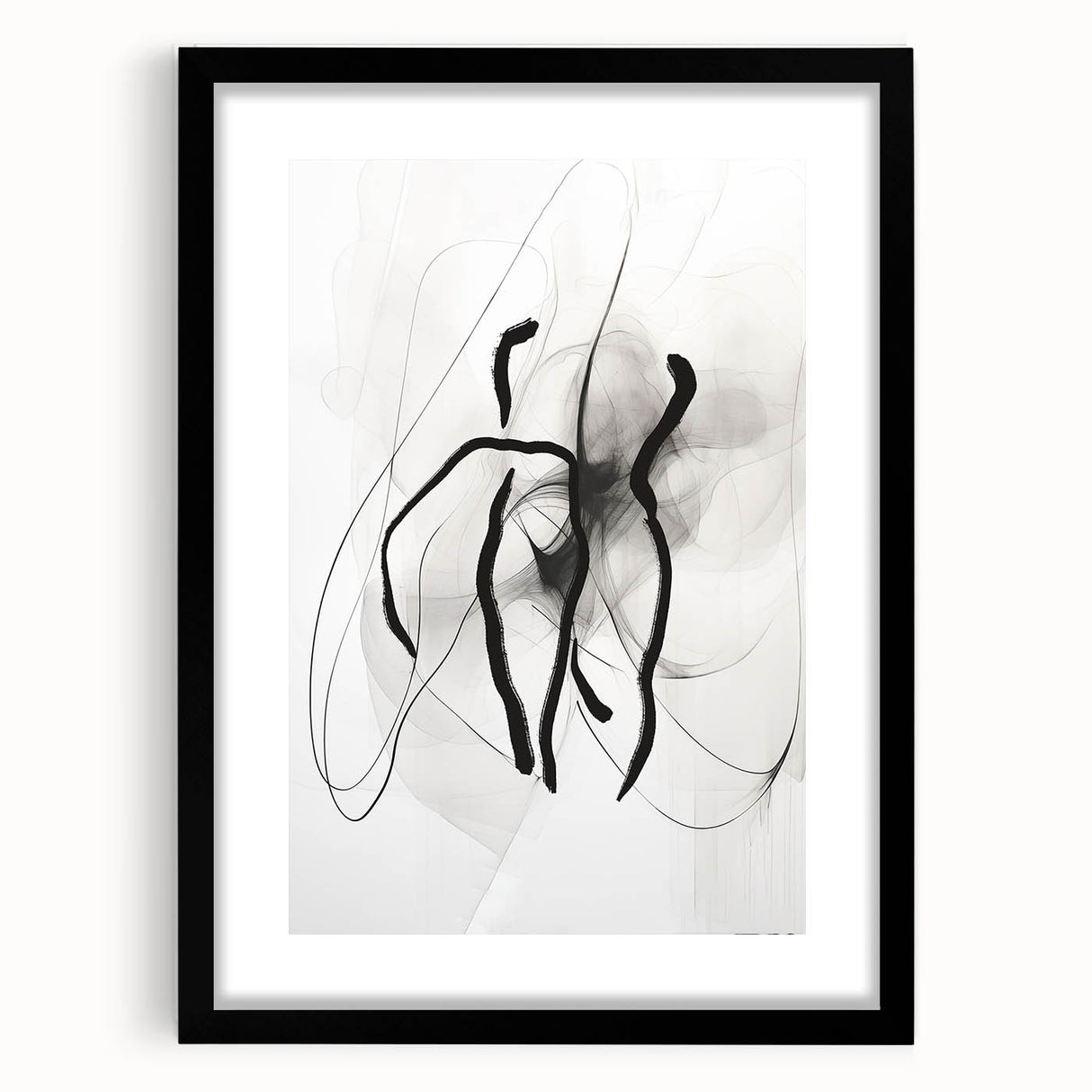 Abstract minimalist wall art design framed with a black matte, showcasing geometric patterns in soft neutral tones. Perfect for modern decor aesthetics.