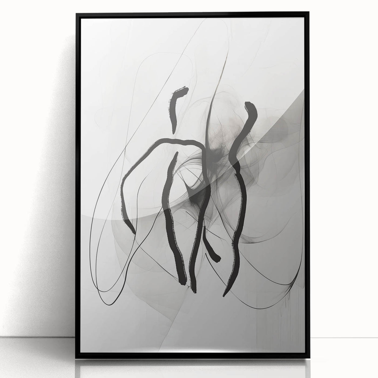 Framed abstract minimalist wall art design featuring a sleek black frame, showcasing a contemporary geometric pattern in muted tones, perfect for modern decor.