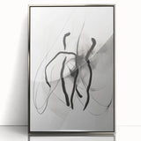 Framed abstract minimalist wall art featuring a silver-acrylic finish, showcasing geometric shapes and subtle color gradients, perfect for modern home decor.