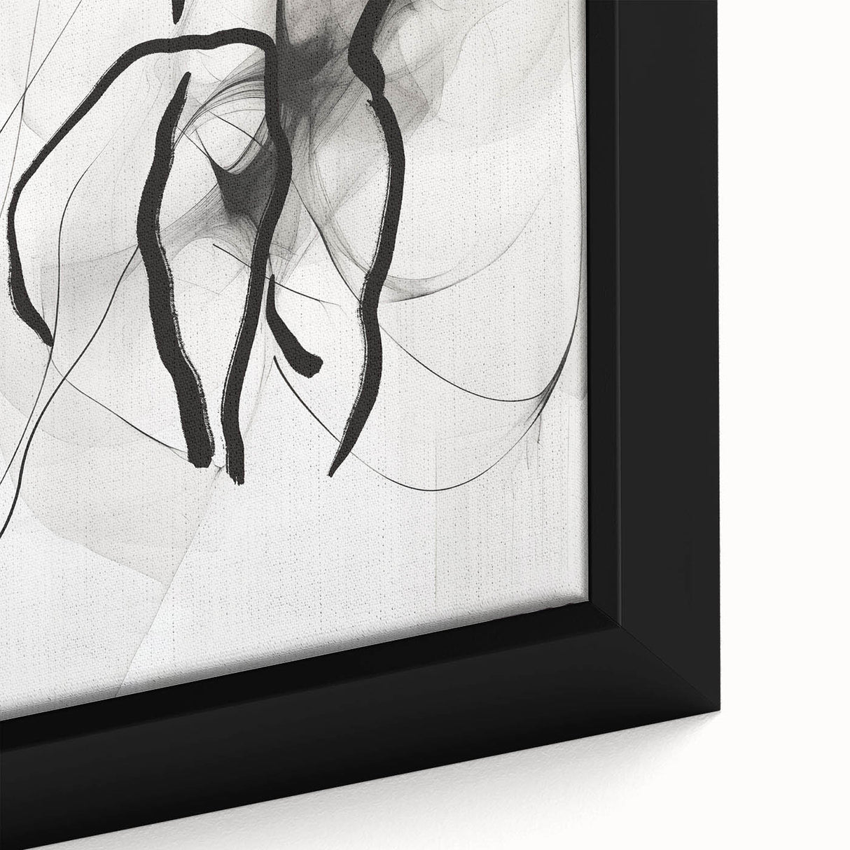 Close-up of an abstract minimalist wall art design featuring soft pastel colors in a framed canvas, showcasing elegant geometric shapes and textures for modern decor.