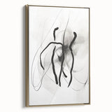 Framed abstract minimalist wall art featuring a gold and black design, displayed from the side against a neutral background, emphasizing its elegant and modern aesthetic.