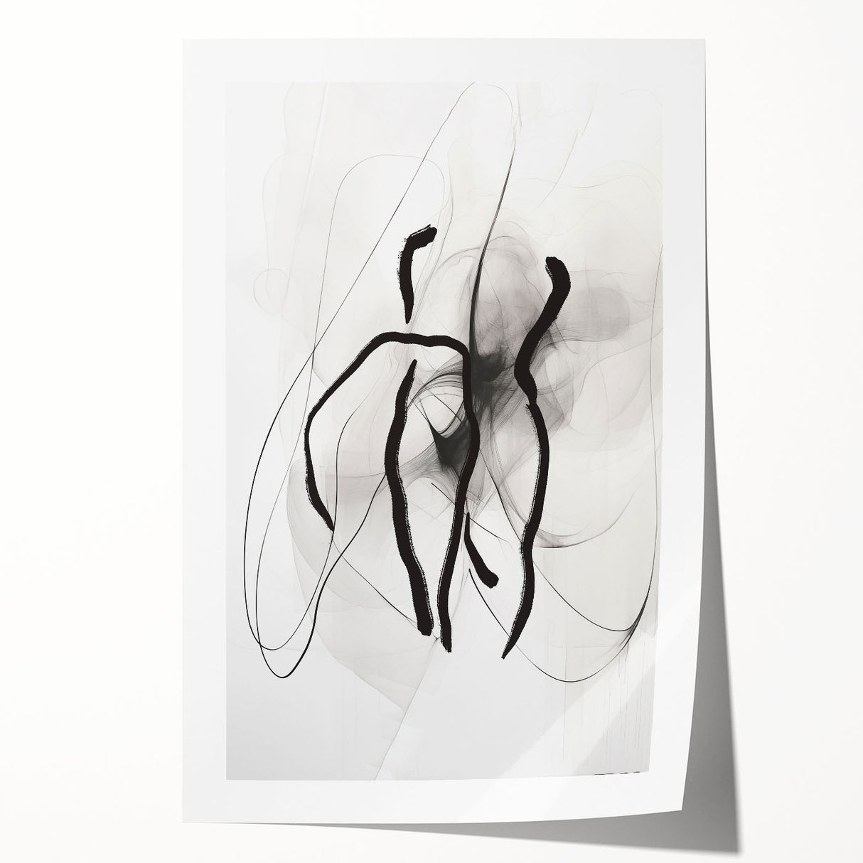 Abstract minimalist wall art print featuring geometric shapes in soft pastel colors, elegantly rolled and ready for display, ideal for modern home decor.