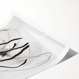 Abstract minimalist wall art print showcasing a soft color palette of beige and gray, featuring geometric shapes and fluid lines, rolled for easy framing.