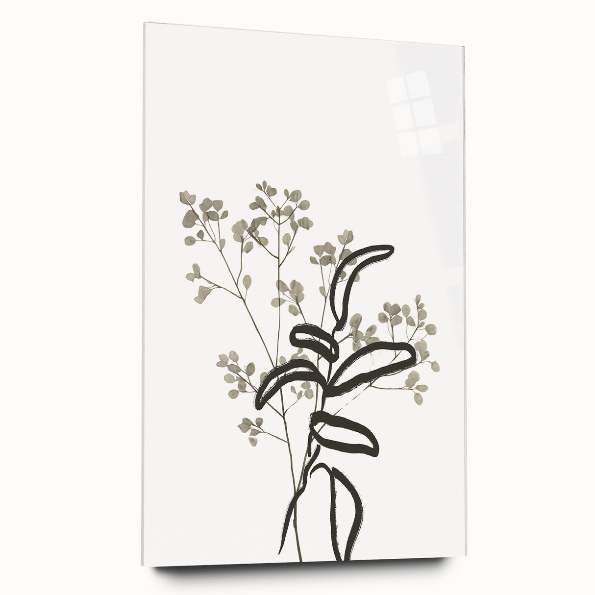 Abstract minimalist wall art collection displayed in acrylic glass, showcasing a sleek design with soft colors and geometric shapes, perfect for modern decor.