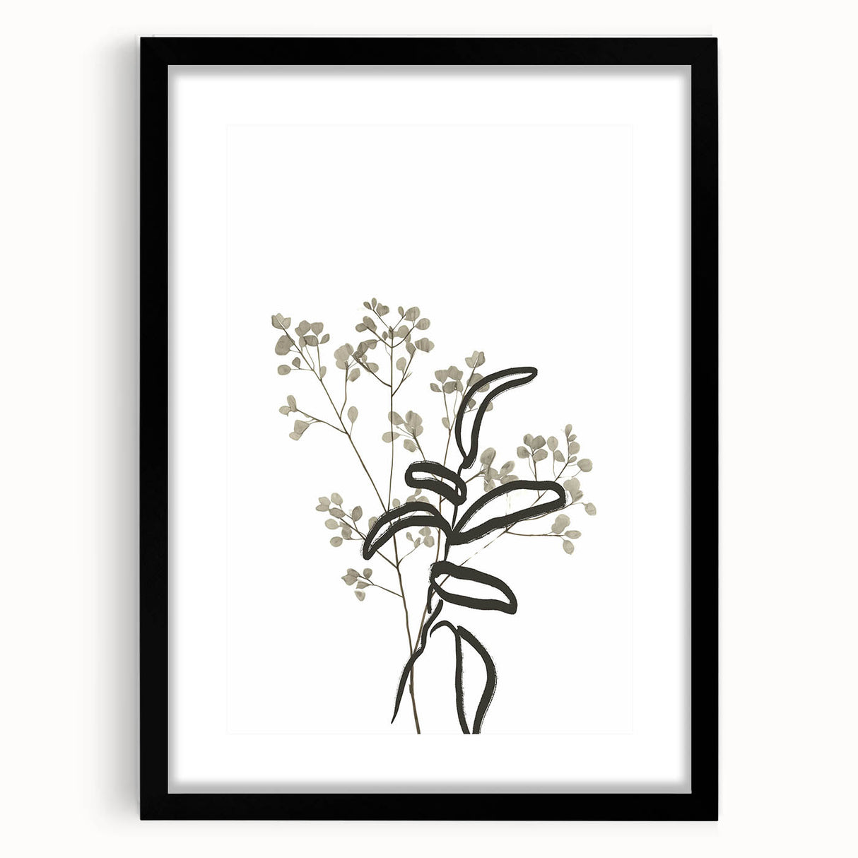 Abstract minimalist wall art collection featuring a sleek black frame and mat, showcasing a contemporary design suitable for modern decor. Perfect for enhancing any living space or office environment.