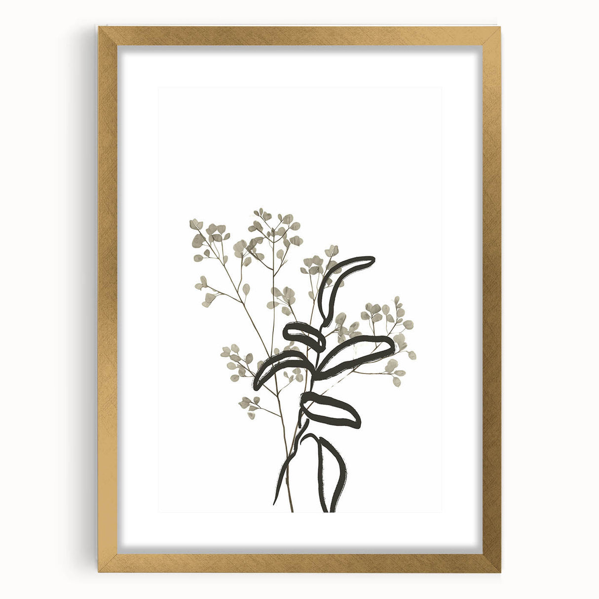 Abstract minimalist wall art collection featuring a gold-framed design, showcasing a sophisticated aesthetic with a mat finish, ideal for modern home decor.