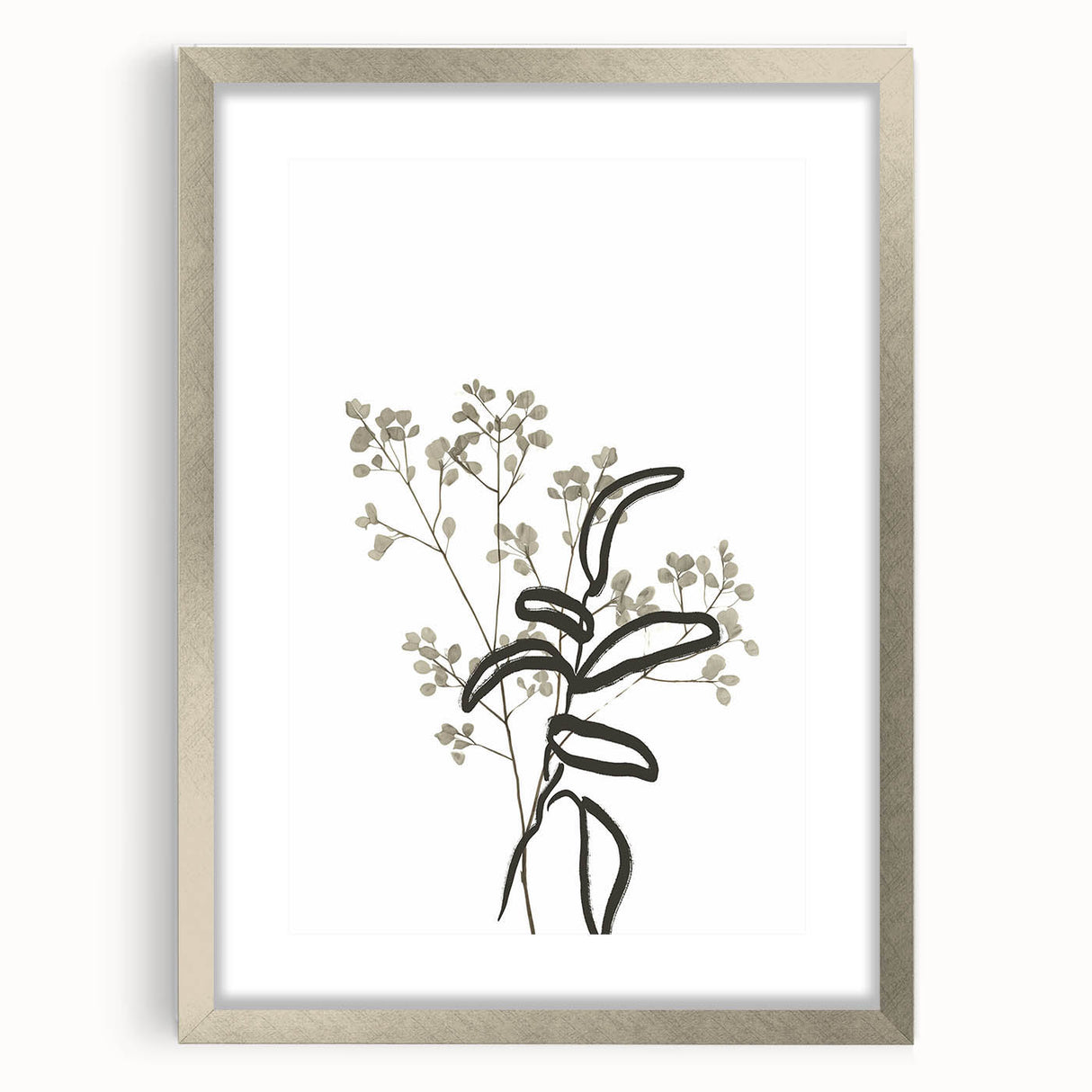 Abstract minimalist wall art collection framed in silver, showcasing a sleek design with a white mat. Ideal for modern decor, enhancing any room's aesthetic.