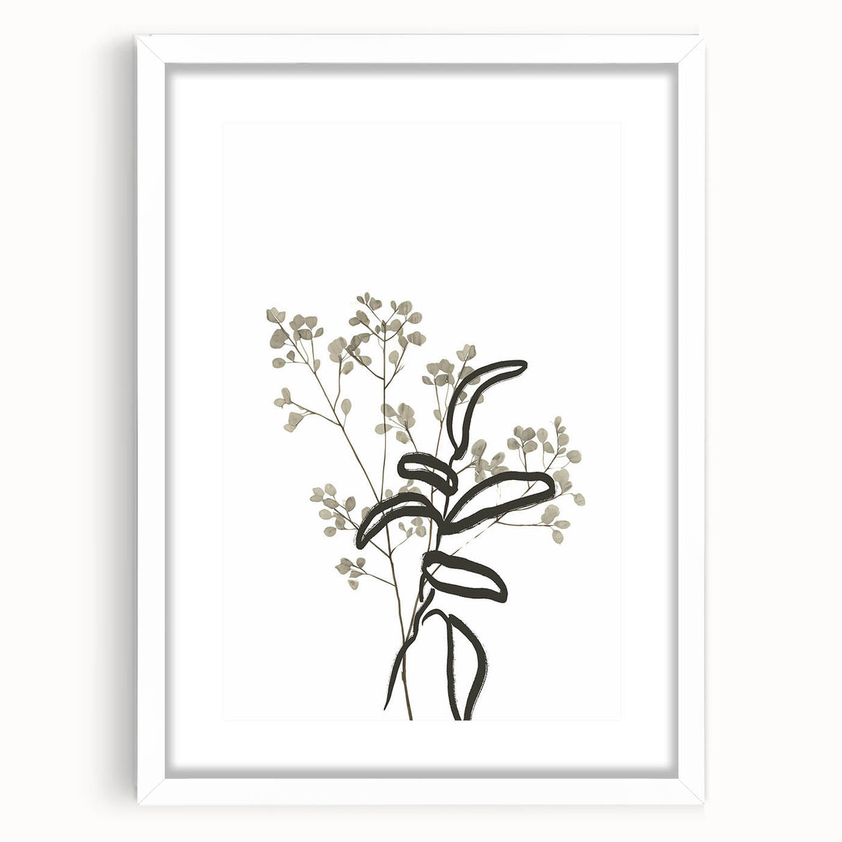 Minimalist abstract wall art print showcasing a framed design with a white mat, perfect for modern decor. Ideal for enhancing living spaces with elegance.