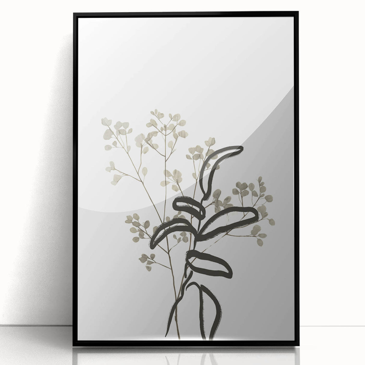 Framed abstract minimalist wall art featuring a sleek black design, perfect for modern decor. This piece adds a sophisticated touch to any interior space.