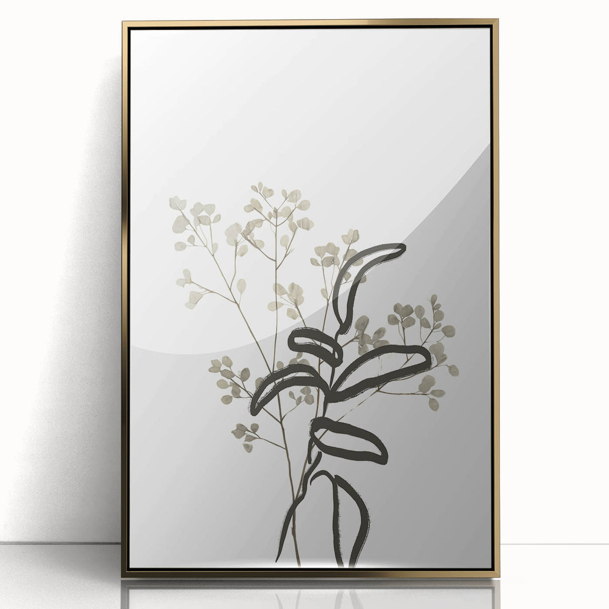 Framed abstract minimalist wall art featuring a gold-acrylic design, elegantly displayed against a neutral background, perfect for modern home décor.