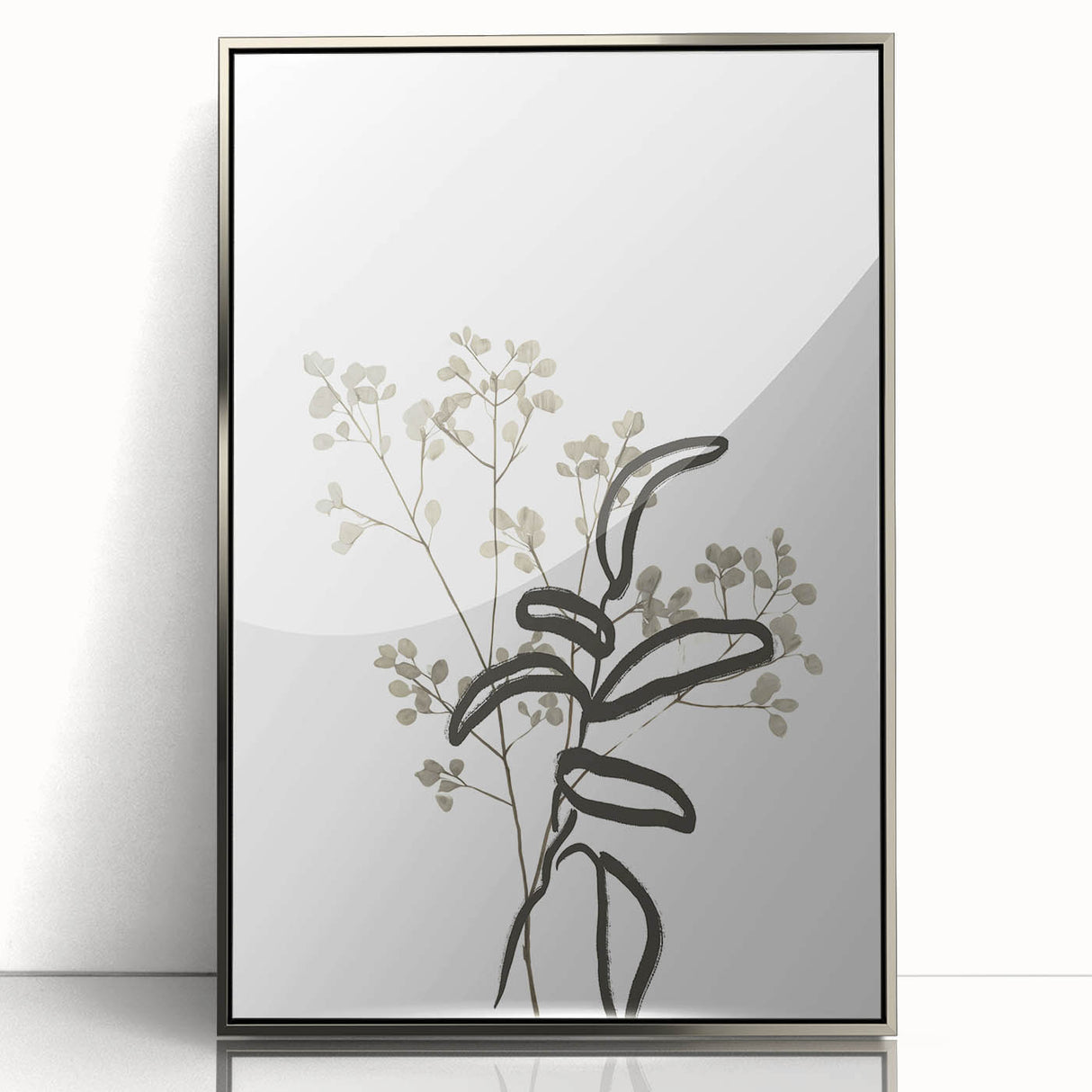 Framed abstract minimalist wall art design featuring a silver-acrylic finish, showcasing a sleek front view, perfect for modern decor and interior aesthetics.