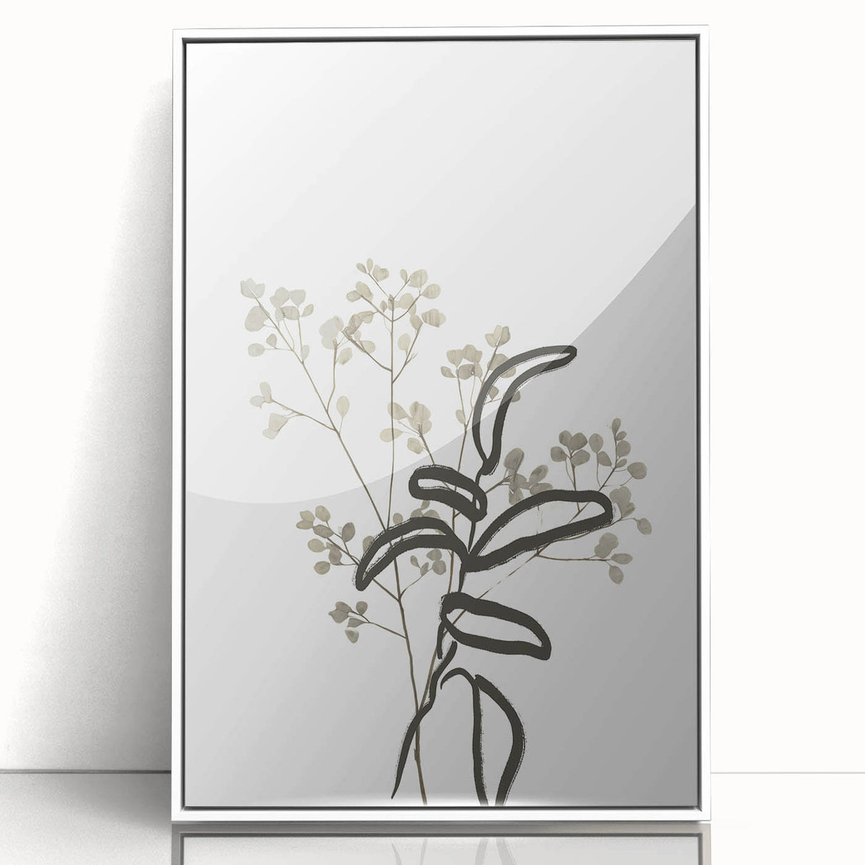 Framed abstract minimalist wall art design featuring a white backdrop and colorful geometric shapes, ideal for modern home decor, available in a 120-piece collection.