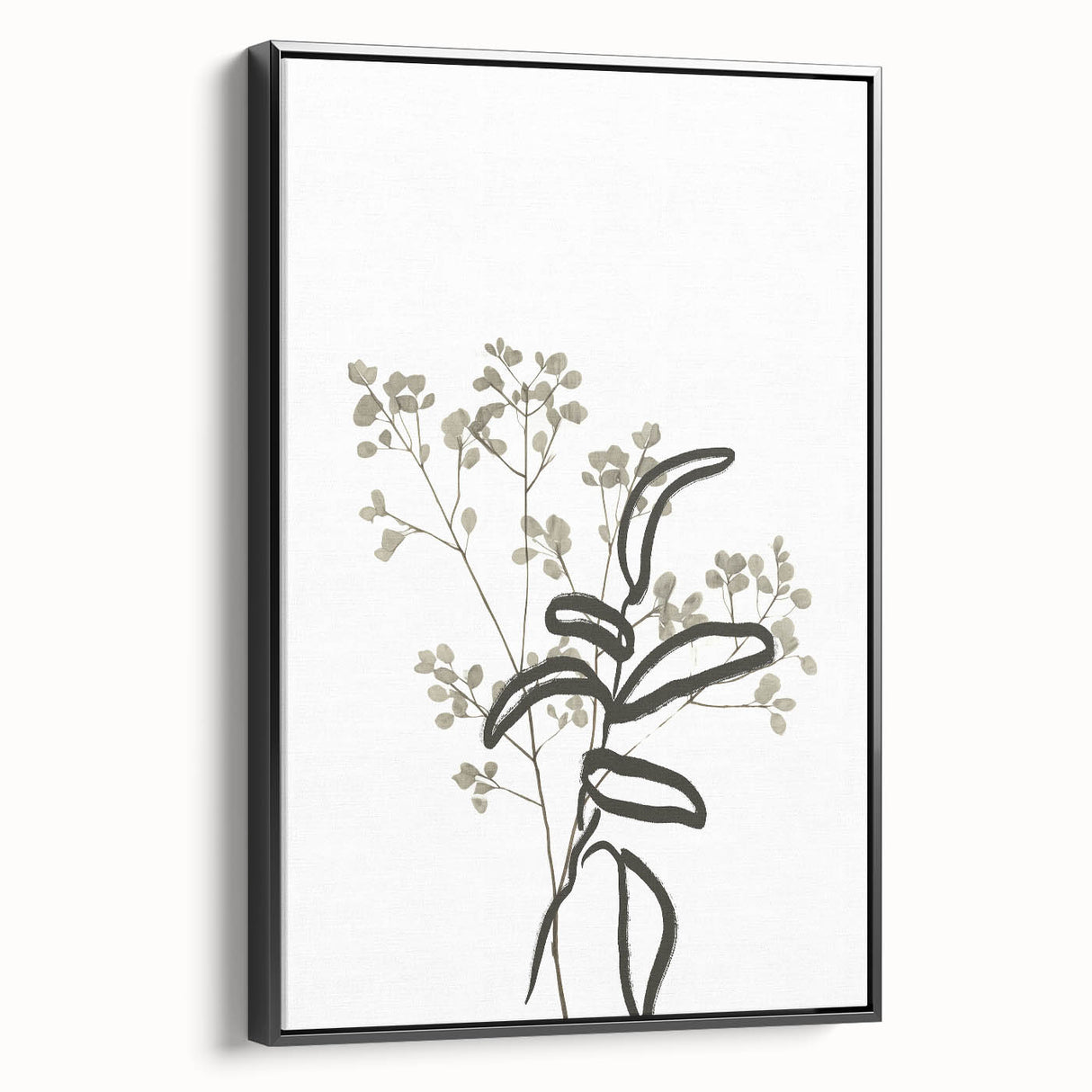 Framed canvas wall art showcasing an abstract minimalist design with a sleek black frame, viewed from the side, perfect for modern home decor. Ideal for enhancing contemporary living spaces with artistic flair.