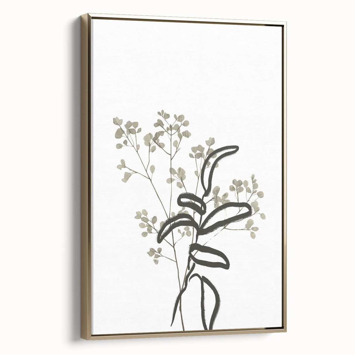 Framed abstract minimalist wall art showcasing a gold design, presented at a side angle, ideal for modern home decor. Perfect for elevating any living space.
