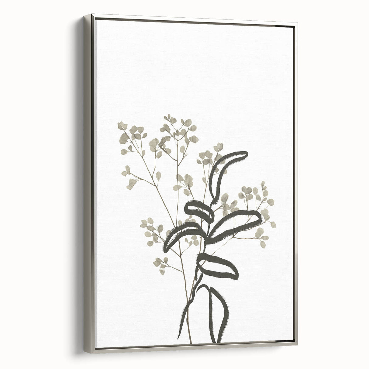 Framed canvas wall art showcasing an abstract minimalist design, featuring a silver frame and a sleek side view, perfect for modern home decor.