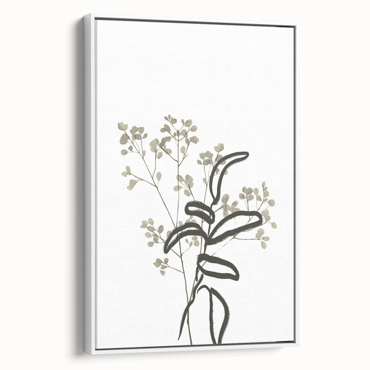 Framed canvas featuring an abstract minimalist design in soft white tones, showcasing a modern aesthetic perfect for contemporary home decor, viewed from the side.