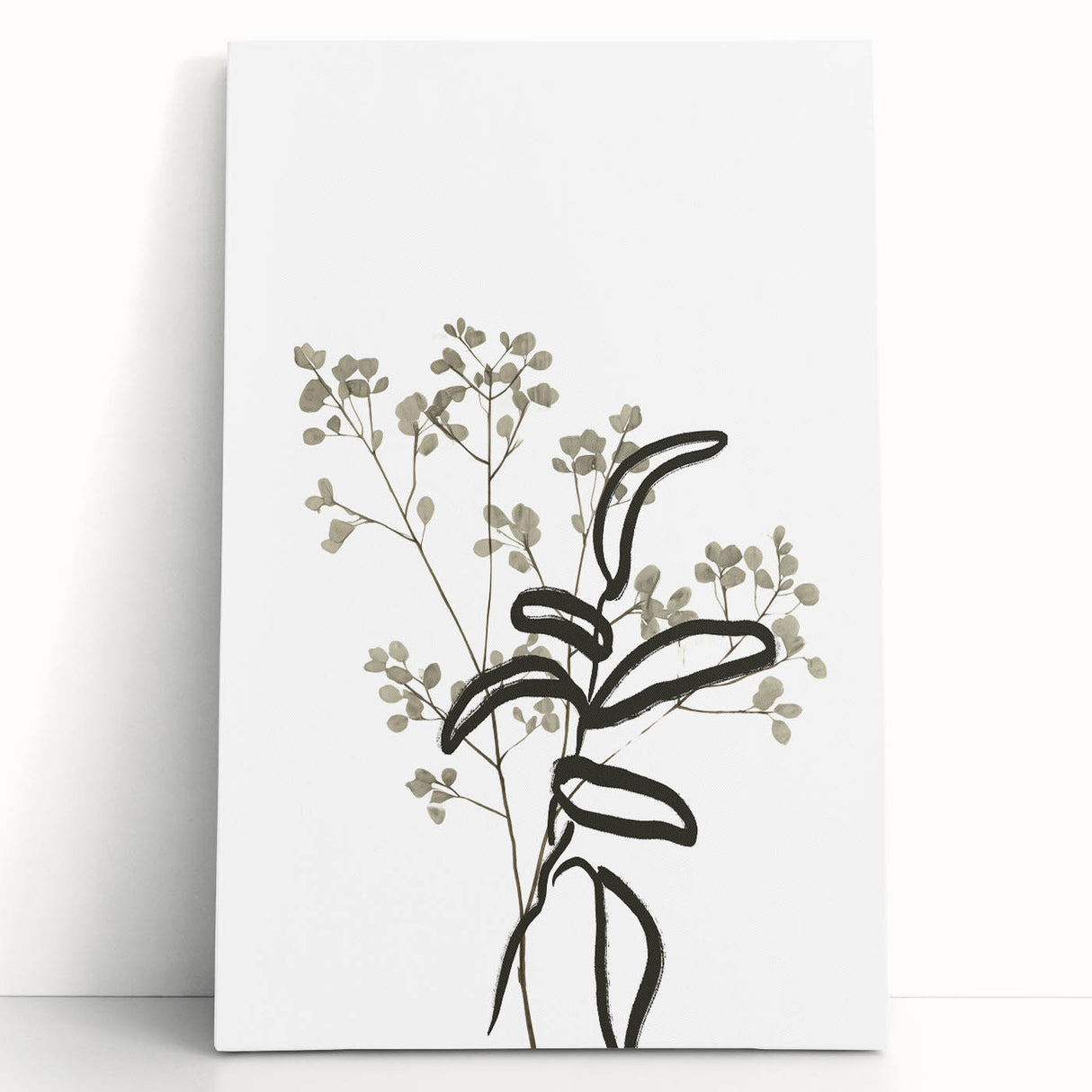 Abstract minimalist wall art collection featuring a vibrant, colorful design on stretched canvas, leaning against a neutral wall, ideal for modern home decor.