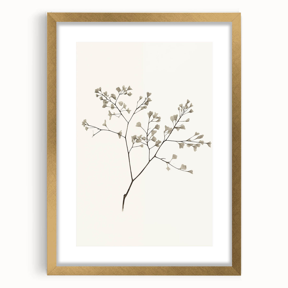 Abstract minimalist wall art frame with a gold finish and mat, showcasing a contemporary design. Ideal for modern home decor, emphasizing elegance and simplicity.