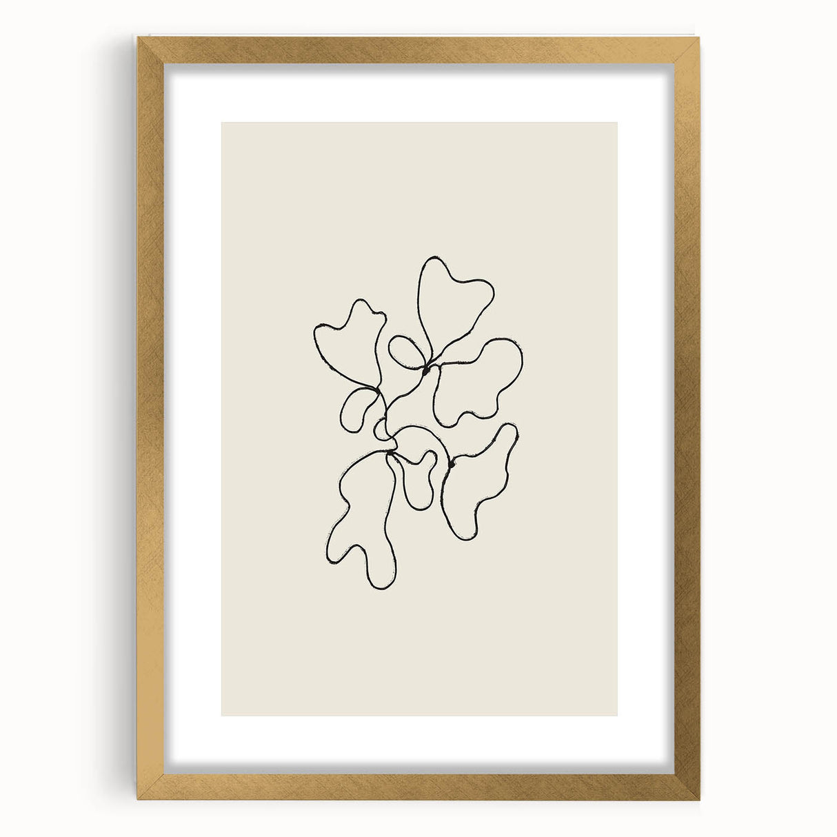 Abstract minimalist wall art design featuring a framed piece with a gold mat, showcasing geometric patterns in soft beige and white tones, perfect for modern decor.