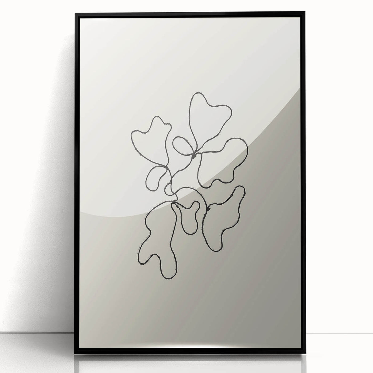 Framed abstract minimalist wall art featuring a black design on a light background, perfect for modern decor. Ideal for enhancing contemporary living spaces.