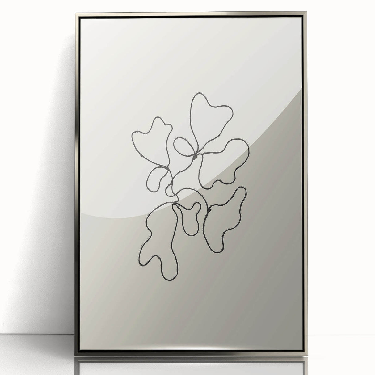 Framed abstract minimalist wall art design featuring a silver-acrylic frame, showcasing elegant geometric shapes in soft pastel colors, perfect for modern home decor.