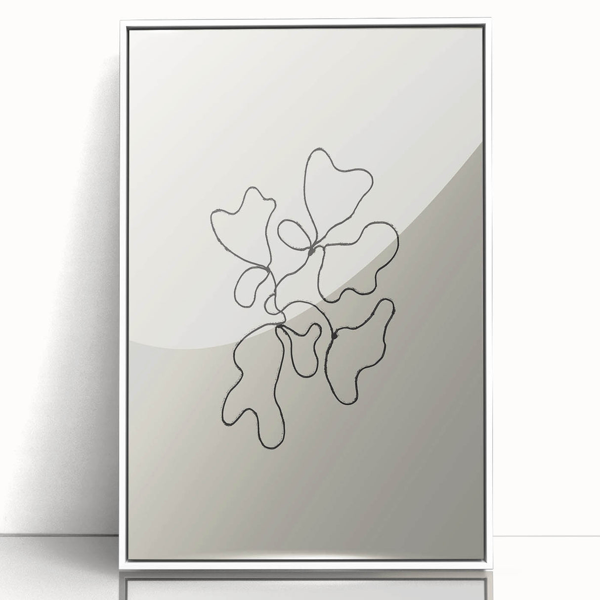 Framed abstract minimalist wall art design in a sleek white frame, showcasing geometric shapes and soft colors, perfect for modern home decor.