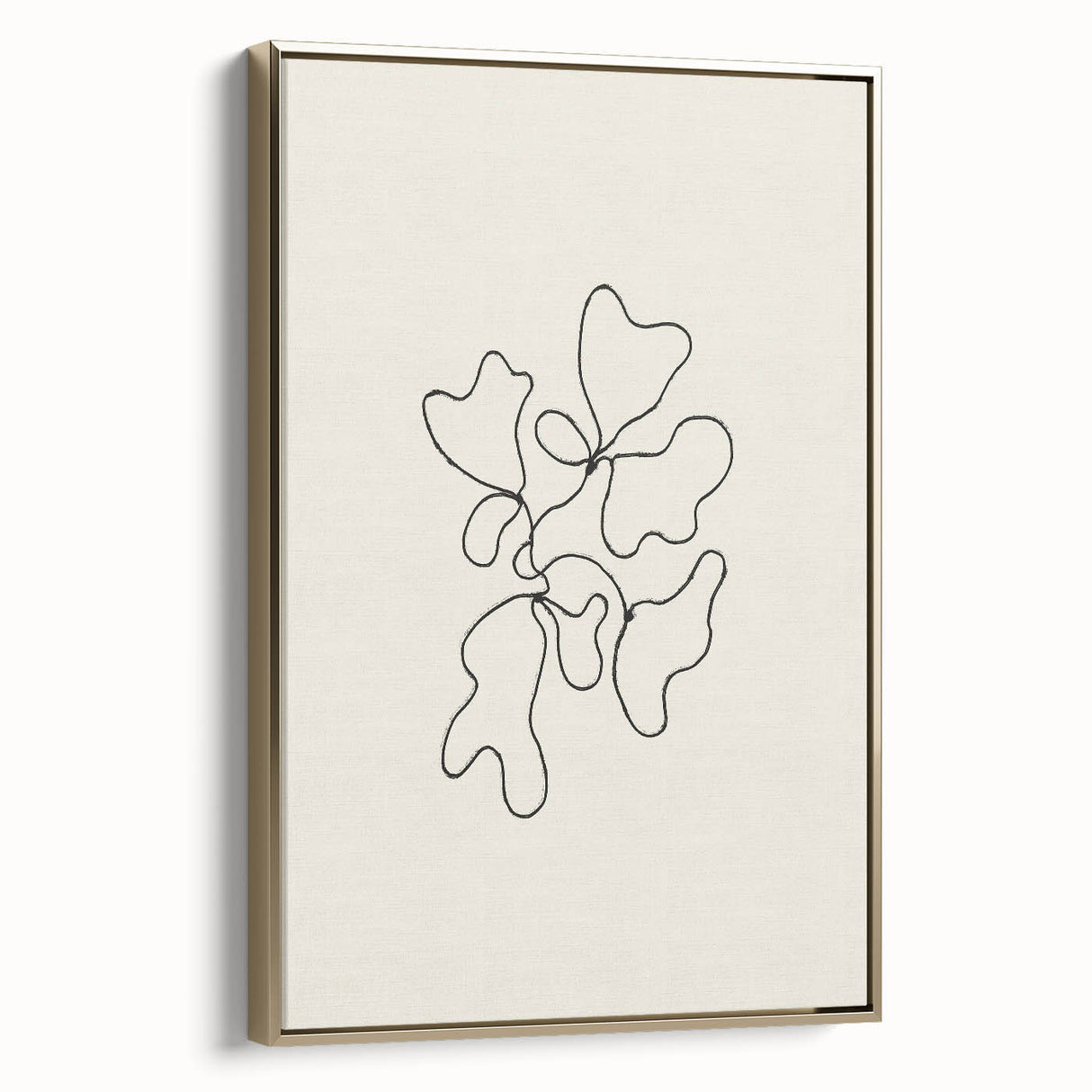 Framed abstract minimalist wall art featuring a gold and white design, showcasing a modern aesthetic ideal for contemporary home decor in a stylish setting.