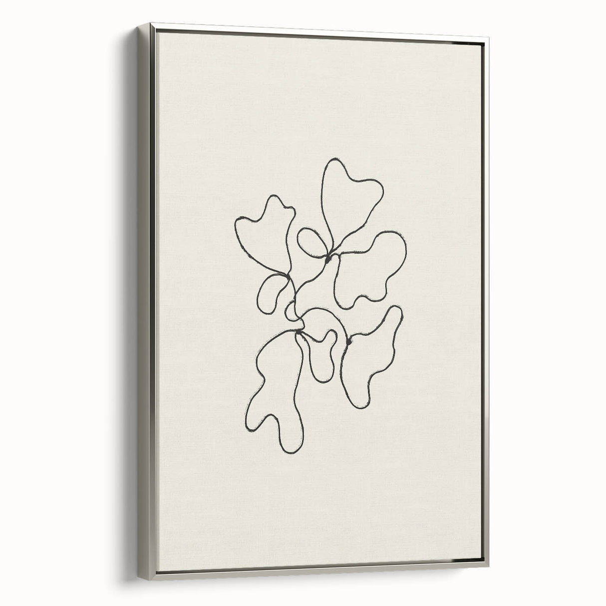 Framed wall art featuring an abstract minimalist design in silver, showcasing a sleek side view of the canvas for a modern decor aesthetic, perfect for contemporary spaces.