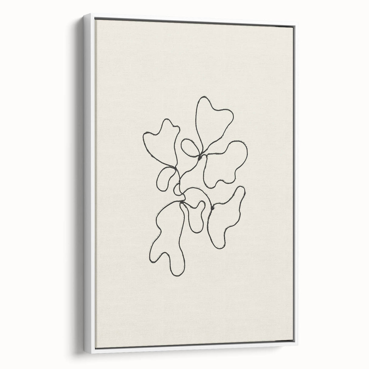 Framed canvas wall art showcasing an abstract minimalist design in a white frame, highlighting geometric shapes and soft colors, perfect for modern decor.