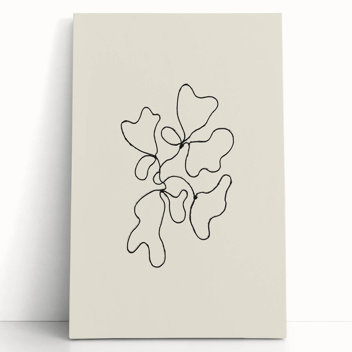 Abstract minimalist wall art featuring a geometric design in soft pastel colors on stretched canvas, leaning against a white wall, ideal for modern decor.