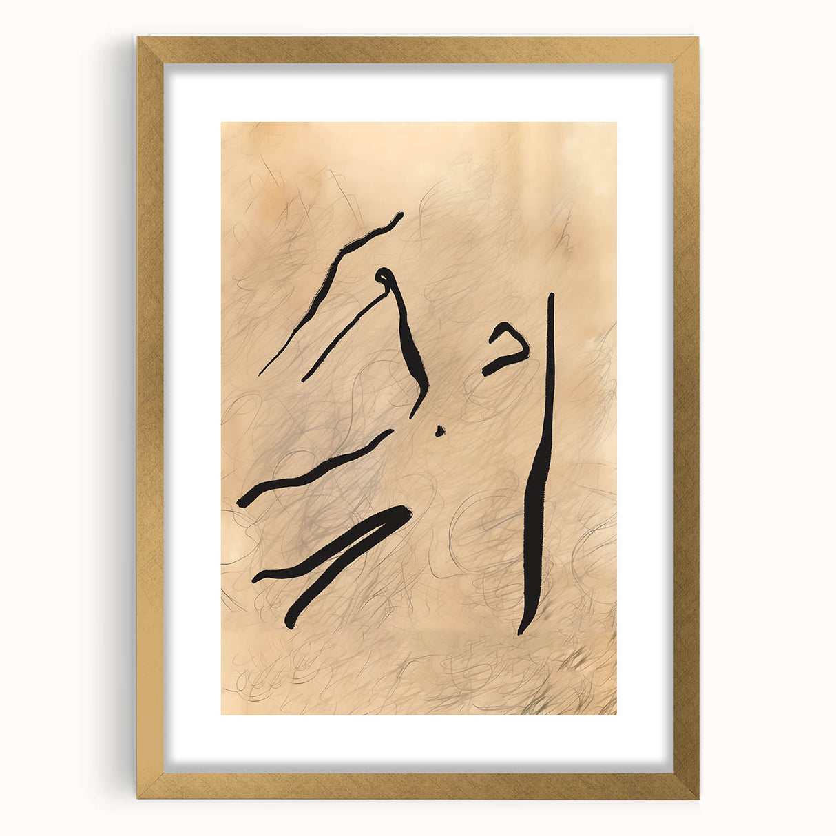 Abstract minimalist wall art design framed in gold, showcasing geometric patterns and soft pastel colors, perfect for modern home decor.