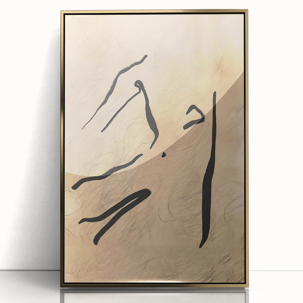 Framed abstract minimalist wall art design featuring a gold-acrylic finish, set against a bright background, adding elegance to modern decor.