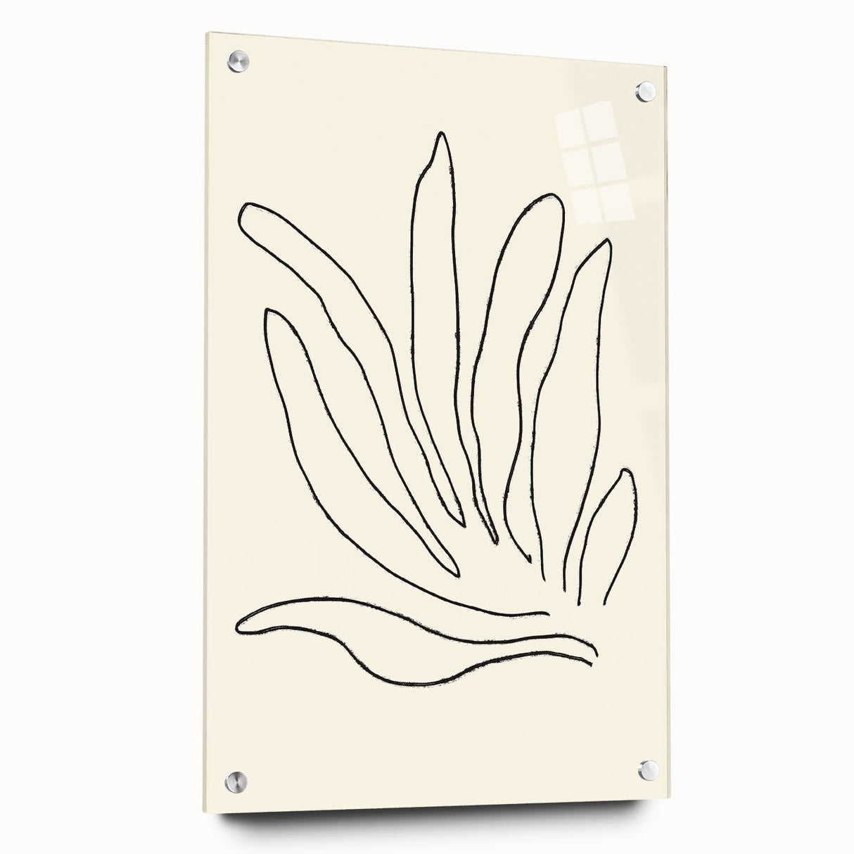 Acrylic glass wall art showcasing a minimalist abstract design in vibrant colors, elegantly mounted with pins, ideal for modern home decor.