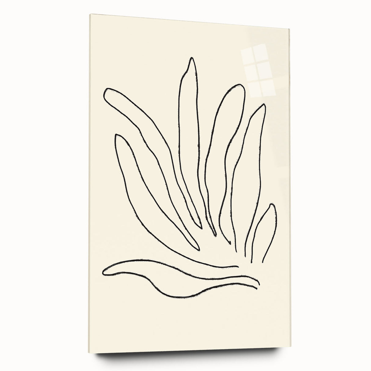 Acrylic glass wall art featuring an abstract minimalist design in muted tones, showcasing a sleek side view that highlights its elegant finish and modern aesthetic.