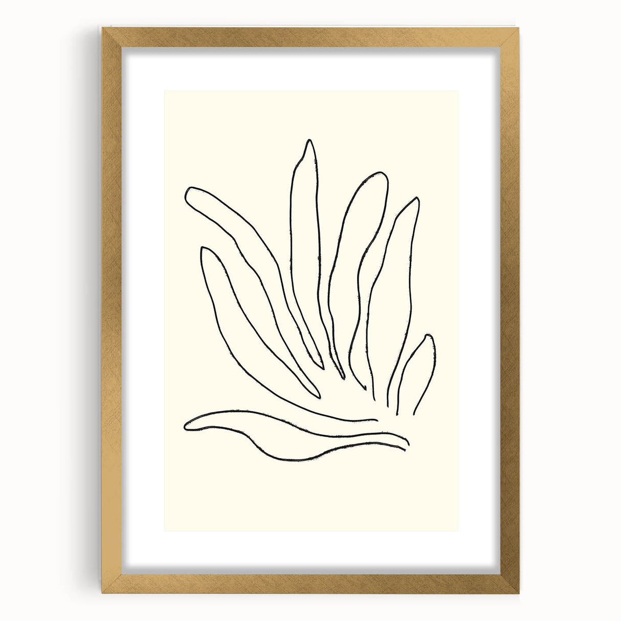 Abstract minimalist wall art print featuring a gold frame and mat, showcasing a modern design perfect for contemporary home decor. Ideal for enhancing living spaces with elegance.
