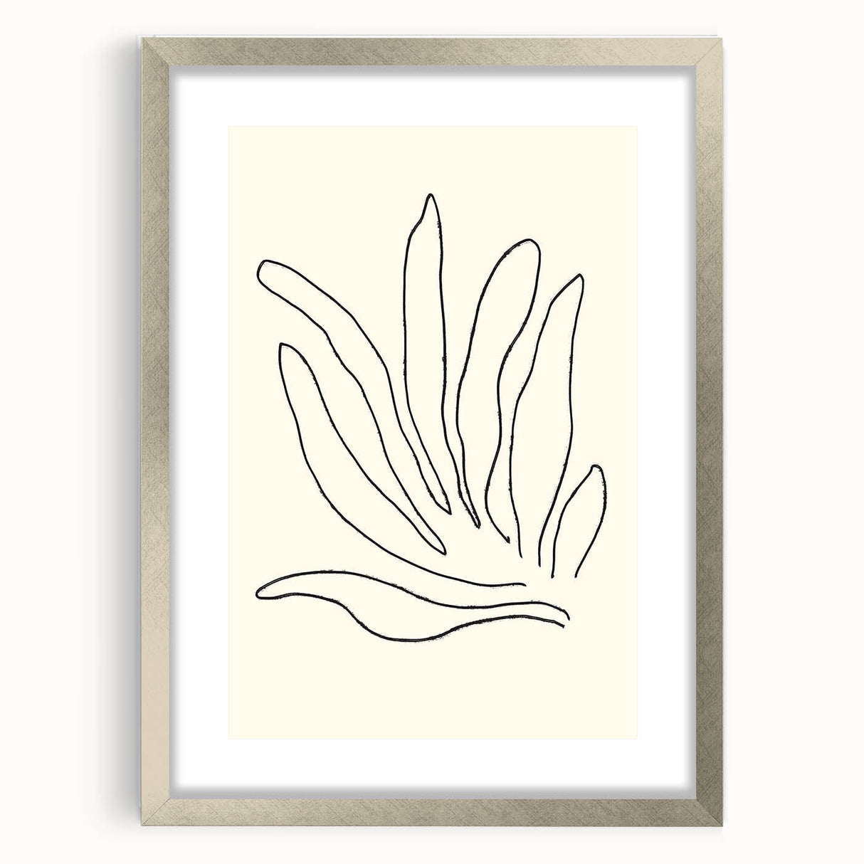 Abstract minimalist wall art design in a silver frame with a mat, showcasing a contemporary aesthetic. Perfect for modern home decor, this framed artwork adds elegance with its clean lines and subtle color palette, ideal for living rooms or offices.