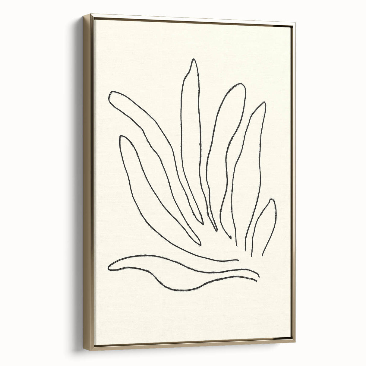 Framed abstract minimalist wall art design featuring a gold color scheme, showcasing sleek lines and geometric shapes, perfect for modern home decor.
