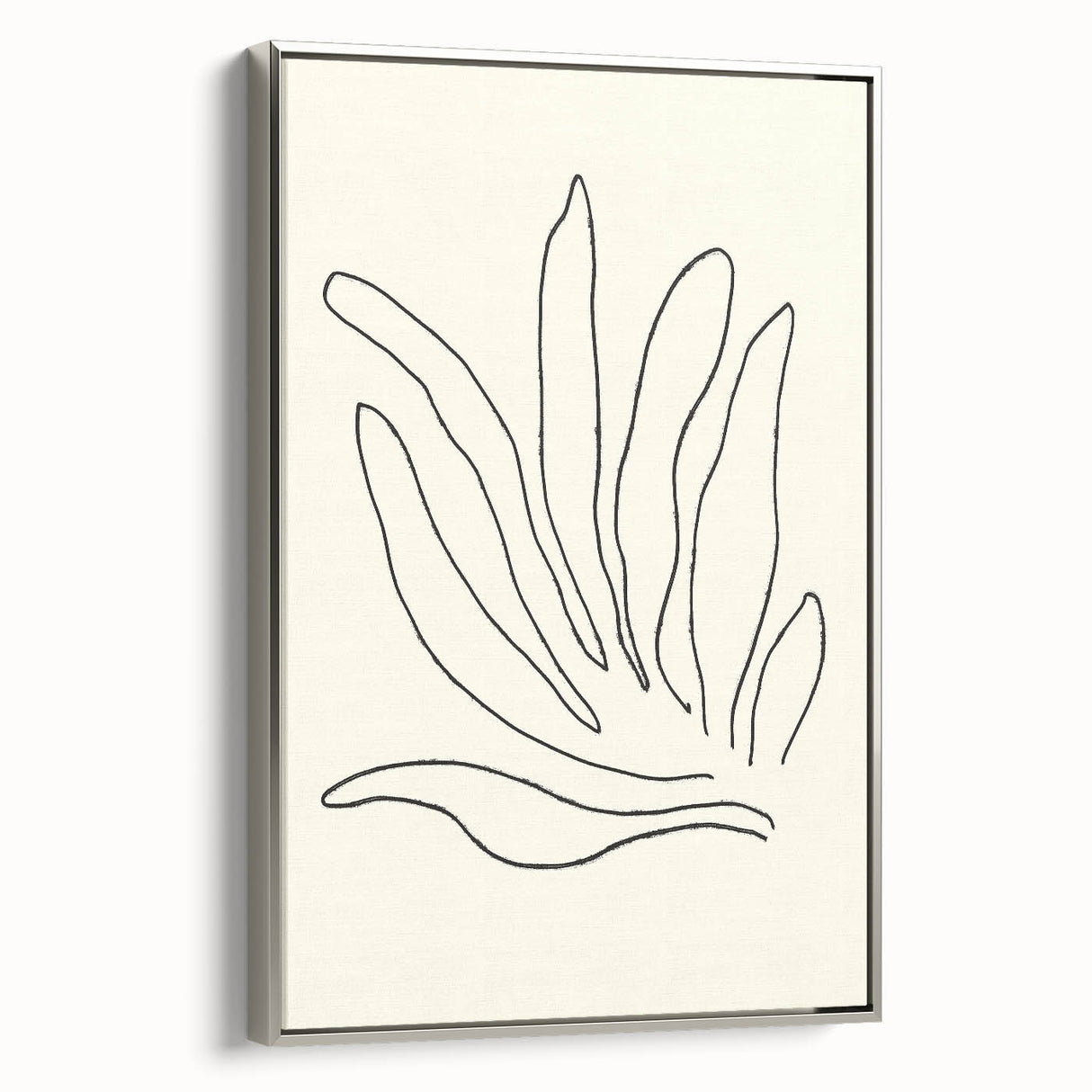 Framed abstract minimalist wall art design in silver, showcasing a sleek side view of the canvas. Perfect for modern decor, adding elegance to any space.
