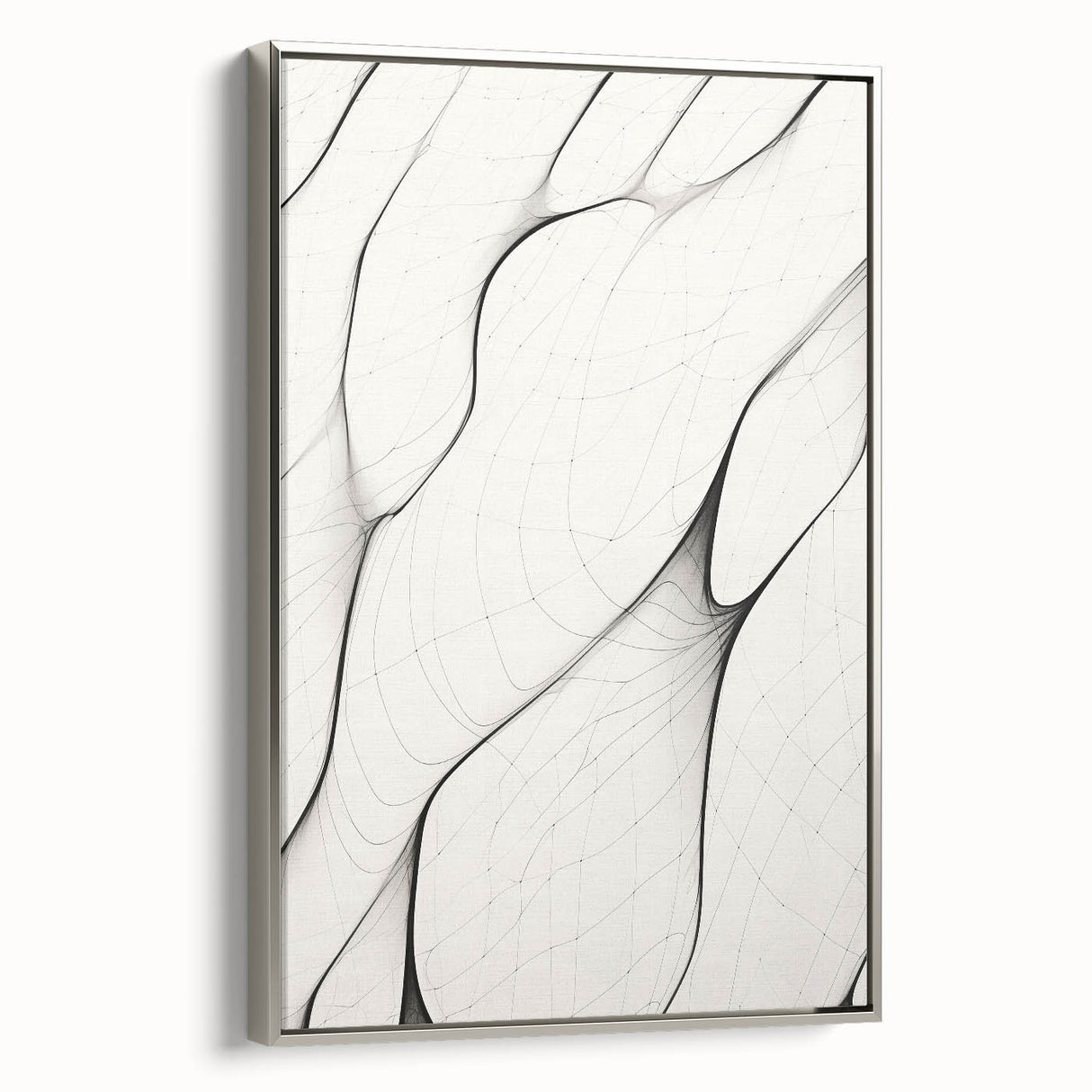 Framed abstract minimalist wall art piece showcasing a silver frame with a sleek design, perfect for modern decor. Side view highlights its elegant finish and contemporary appeal.