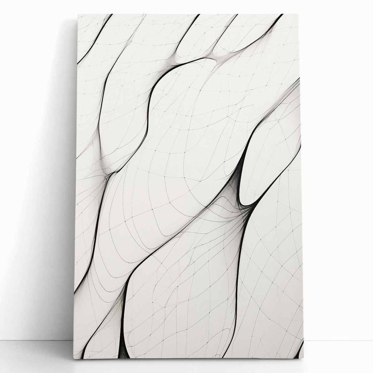Abstract minimalist wall art on stretched canvas, featuring soft earth tones and geometric shapes, leaning against a neutral wall, perfect for modern decor.