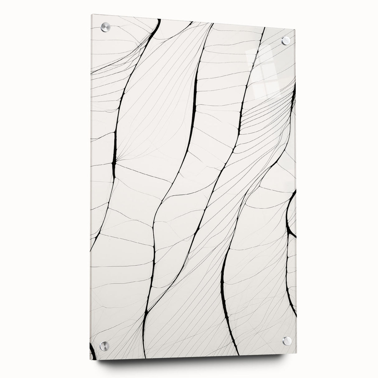 Abstract minimalist wall art collection displayed in an acrylic glass frame, featuring a side view showcasing colorful geometric patterns and mounting pins for easy installation.